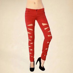 Tripp NYC Skinny Jeans Red Low Rise Punk Bondage Slash Cut Out Pants Size 27/5